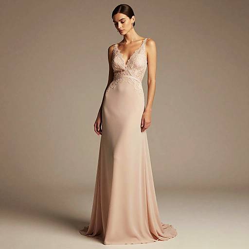 Photograph of a slender woman with dark hair in an elegant, floor-length, pale pink lace and satin wedding gown, standing against a plain, gradient