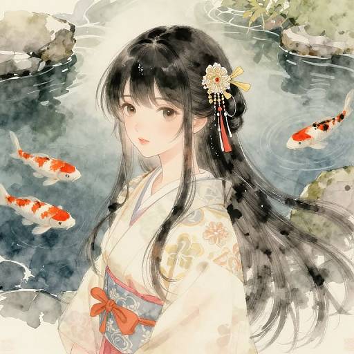 Digital anime-style drawing of a beautiful Japanese woman with long black hair, floral hairpin, white kimono, and red obi, surrounded by red