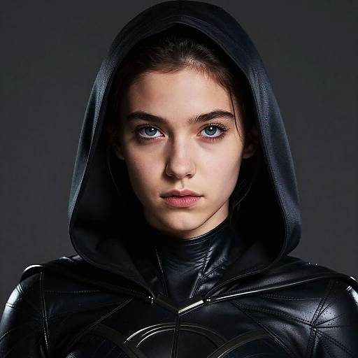 Photograph of a young woman with piercing blue eyes, wearing a black leather hooded cloak, illuminated against a dark background.