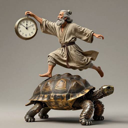 Digital sculpture of an elderly bearded man with gray hair, wearing a beige robe, balancing on a tortoise while holding a clock. Grey gradient background