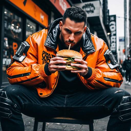 Muscular Urban Cyborg Enjoying a Burger