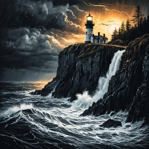 Abandoned Lighthouse on Stormy Coastal Cliffs Abandoned Lighthouse on Stormy Coastal Cliffs