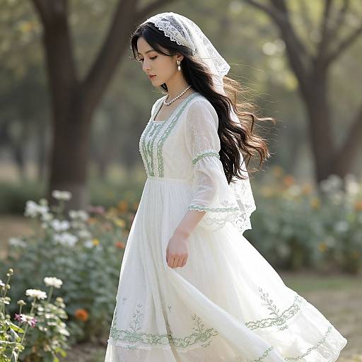 Woman in White Vintage Dress with Lace Veil