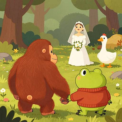 Cartoon forest scene: Brown bear, green frog in red sweater, bride, and white duck holding hands among trees and flowers.