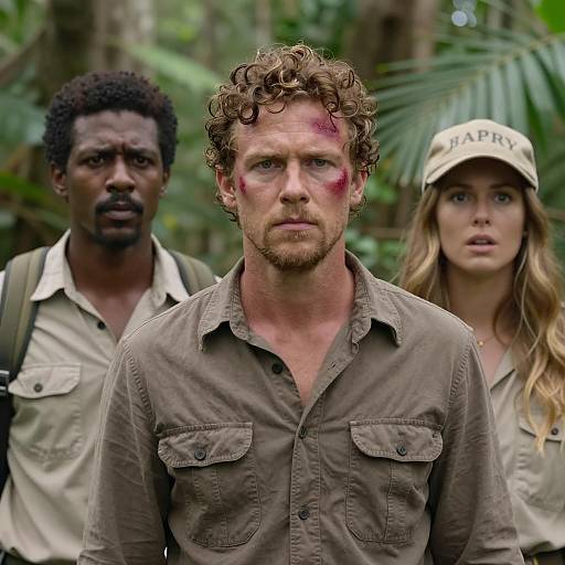 Serious group in jungle with visible injury