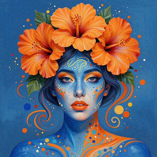 Digital painting of a blue-faced woman with orange hibiscus flowers in her hair, featuring vibrant orange and blue patterns, against a blue background.