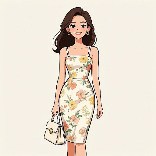 Digital illustration of a smiling woman with long dark hair, wearing a white floral dress, holding a white purse, standing against a white background.