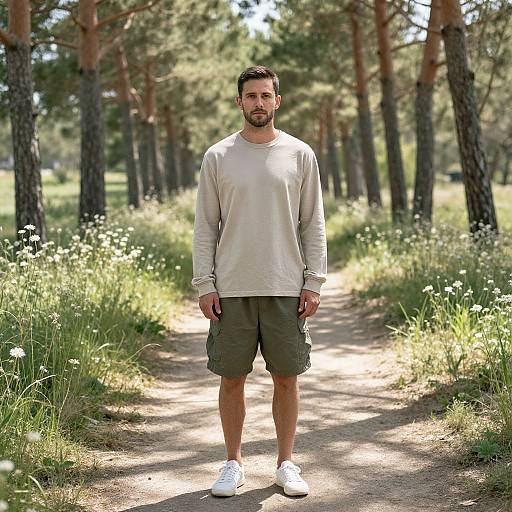 Photograph of a bearded man with short black hair, wearing a beige long-sleeve shirt, olive green cargo shorts, and white sneakers,