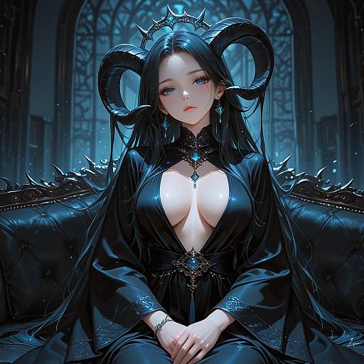 Demon Girl in Elegant Black Dress