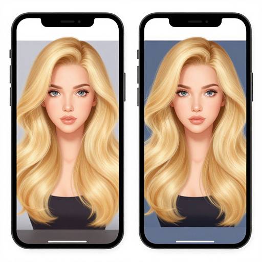 Digital illustration of a blonde woman with blue eyes, wearing a black top, shown on two identical smartphones side by side.