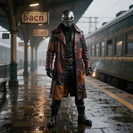 Photograph-style CGI: Mysterious figure in reflective helmet, red leather trench coat, black gloves, smoking, standing on foggy, wet train platform