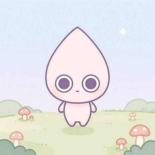 Floating Teardrop-Head Alien Over Pastel Meadow