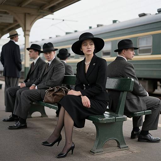Photograph of an elegant Asian woman in black outfit, hat, and heels, sitting on a green bench at a vintage train station with men in suits