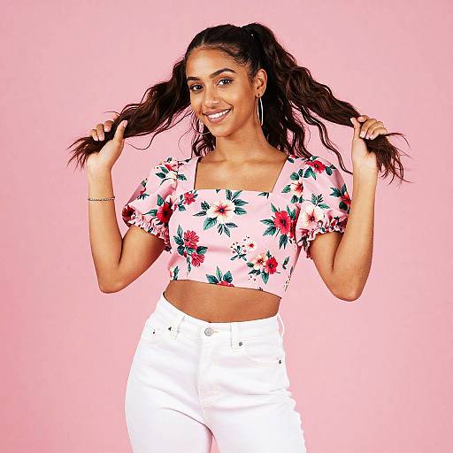 Smiling Woman in Pink Floral Outfit