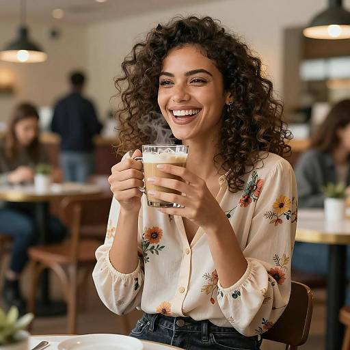 Joyful Woman Sipping Coffee at Café