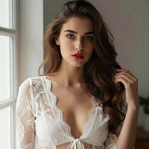 Photograph of a beautiful woman with long brown hair, blue eyes, and red lipstick, wearing a white lace, deep V-neck top, standing near