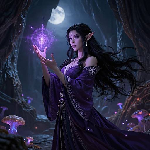 Digital fantasy artwork of a dark-haired, elf woman with pointed ears, wearing a purple, ornate dress, holding a glowing, magical orb in a