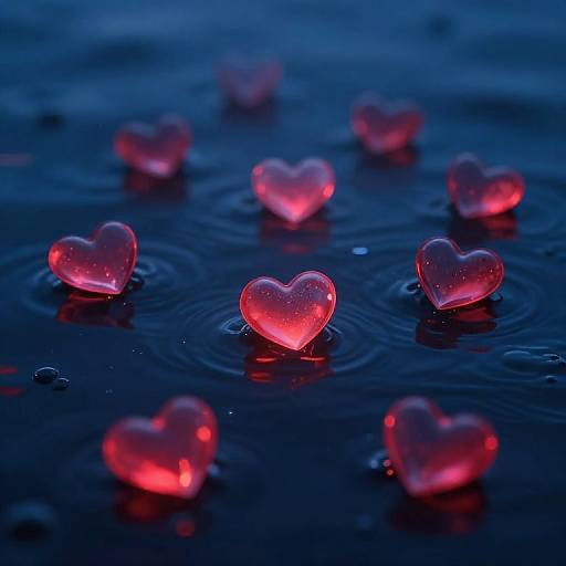 Photograph of glowing red heart-shaped lights floating on dark blue water, creating ripples, with a moody, romantic ambiance.