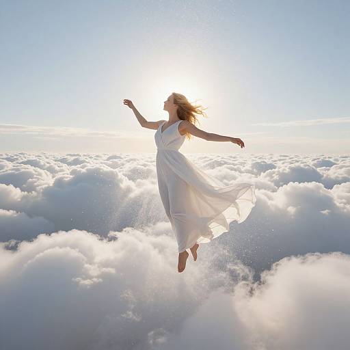 A woman in a flowing white dress joyfully leaps amidst glowing, sunlit clouds, surrounded by a bright blue sky. Ethereal, dreamlike scene