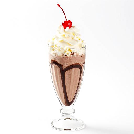 Photograph of a glass dessert cup with chocolate milkshake, whipped cream, cherry on top, drizzled chocolate syrup, white background.