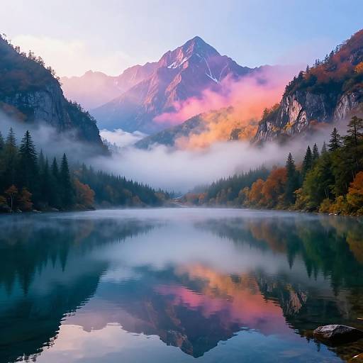 Photograph of a serene mountain lake at sunrise, reflecting colorful mist, pine trees, and rugged peaks with vibrant pink and blue sky.
