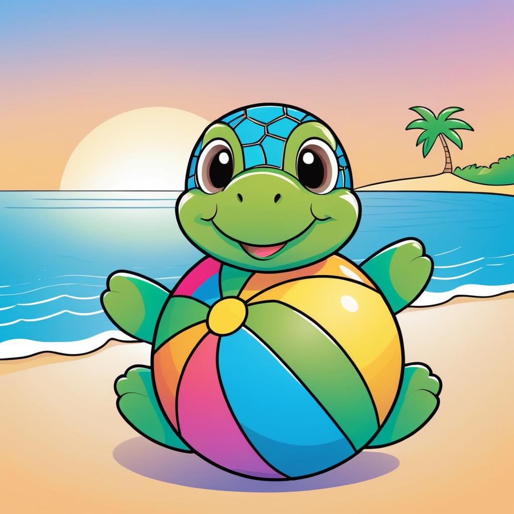 Cute Turtle and Beach Ball Coloring Page