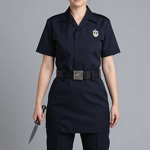 Photograph of a woman in black police uniform with short sleeves, black belt, and black pants, holding a knife in her right hand, light blue