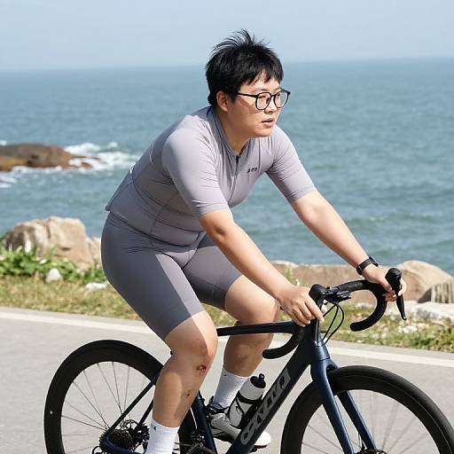 Photograph of an Asian man with short black hair, glasses, and grey cycling outfit, riding a black road bike by a coastal road with ocean and