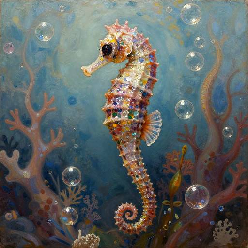 Vibrant digital painting of a multicolored seahorse adorned with jewels, surrounded by bubbles, coral, and sea creatures in a blue underwater