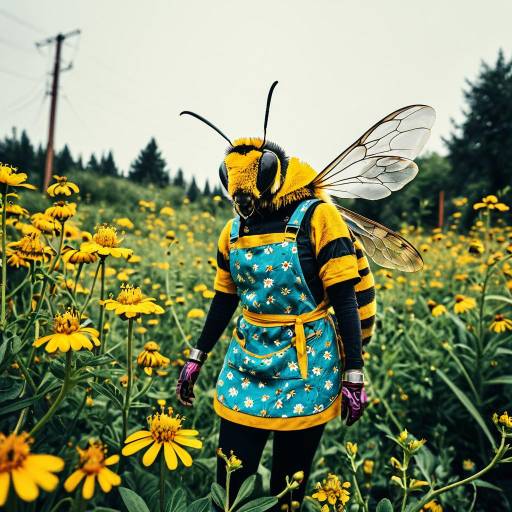 Person in Realistic Bee Costume with Floral Apron