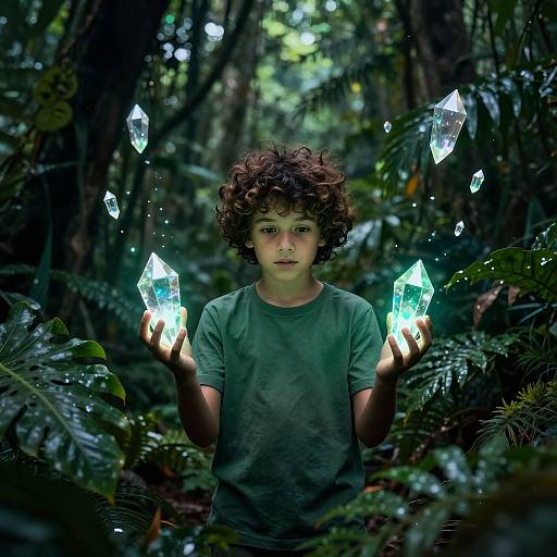 Photograph of a curly-haired boy in a green shirt, holding glowing crystal shards in a dark, enchanted forest.