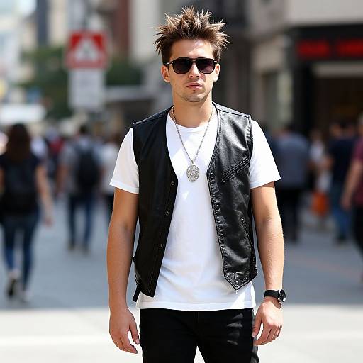 Photograph of a young man with spiked brown hair, black sunglasses, white t-shirt, black leather vest, silver pendant, and black pants, standing