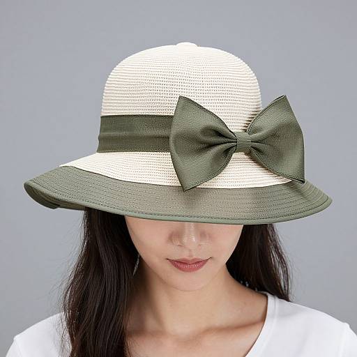 Photograph of an Asian woman with long black hair, wearing a white straw hat with a large green bow, against a light gray background.