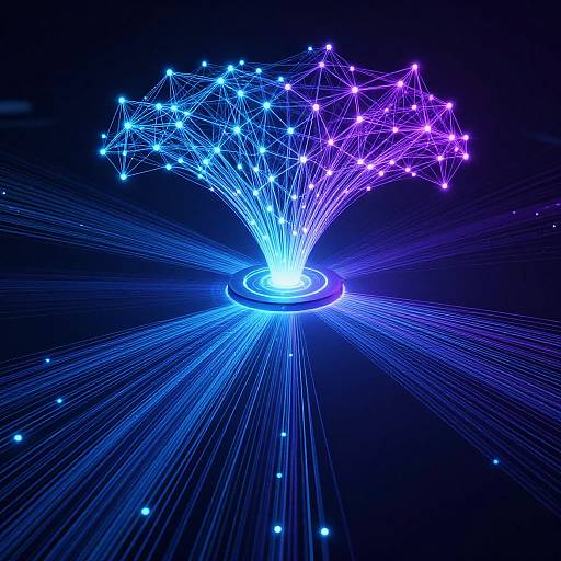 Neon blue and purple network of glowing dots and lines radiating from a bright central circle against a dark background. Digital art.