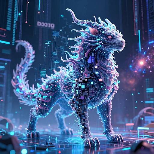 Digital CGI of a glowing, cyber-dragon with pixelated fur and neon blue lights, standing in a futuristic cityscape with neon lights and digital displays