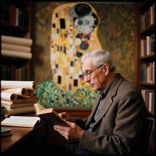 Old Man Reading in Retro Library