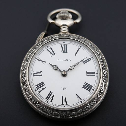 Photograph of a vintage silver Breguet pocket watch with ornate floral engraving, white dial, black Roman numerals, and elegant hands,