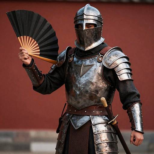 Photograph of a medieval knight in shiny, metallic armor, holding a black folding fan with a wooden handle, standing against a red wall.