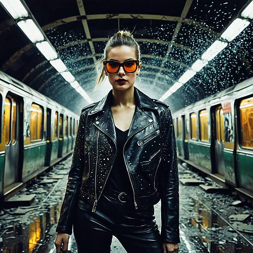 High-fashion model in neon-lit subway