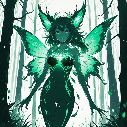 Anime Forest Nymph with Luminescent Emerald Fur