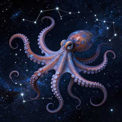 Digital artwork of a glowing, pink-and-blue octopus floating in a starry, cosmic night sky with a constellation network.