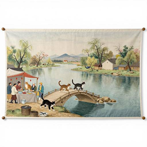 Qingming Festival Scene with Cats on Banner