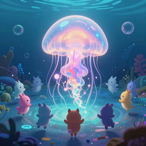 Whimsical underwater scene: colorful, cute, cartoonish fish surround a glowing jellyfish, with bubbles and coral, in a vibrant, blue-l