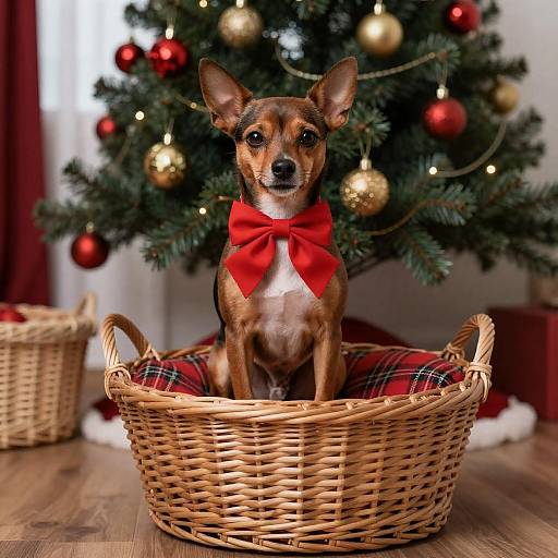 Christmas Dog in Wicker Basket Scene