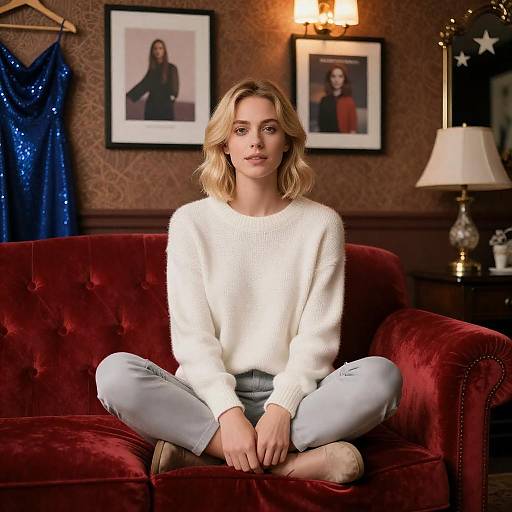 Blonde Woman Sitting on Red Velvet Couch
