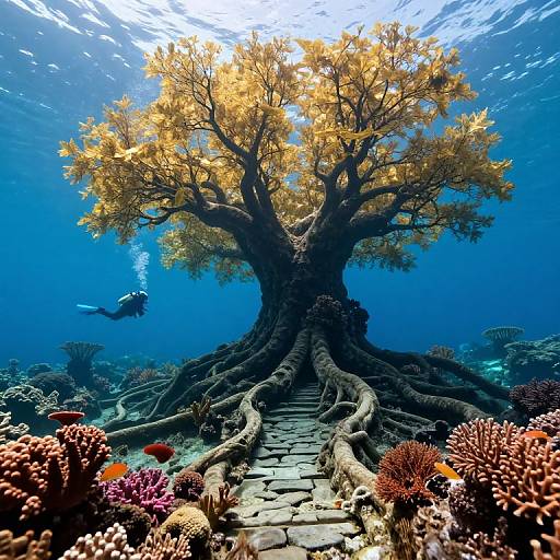 Sunlit Underwater Tree and Coral Garden