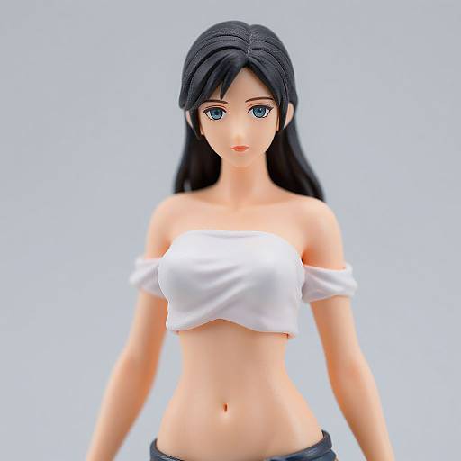 Digital anime-style drawing of a fair-skinned woman with long black hair, blue eyes, wearing a white off-shoulder crop top and black pants