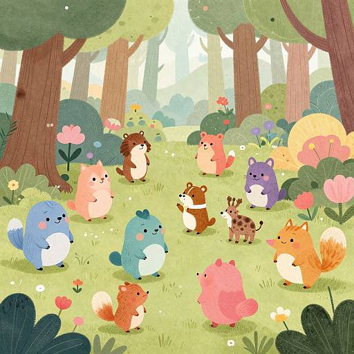 Whimsical forest illustration of colorful, cute, cartoon animals (beavers, foxes, hedgehogs, squirrel) standing in a sunlit