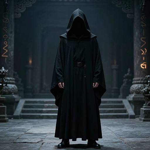 Mysterious Hooded Figure in Ancient Courtyard