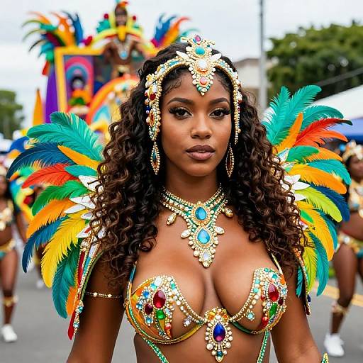 Photograph of a Black woman with curly hair, wearing a colorful feathered costume, bejeweled headpiece, and revealing gold bikini adorned with
